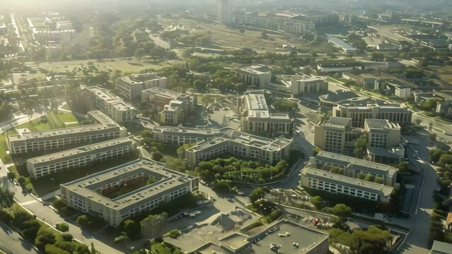 Overhead perspective of a city crowded with various buildings of different heights and shapes, A sprawling campus with multiple buildings connected by covered walkways