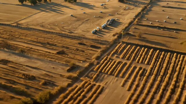An overhead perspective of a farm land featuring rows of chicken coops and trees, A sprawling chicken farm with neat rows of wire fencing dividing different sections