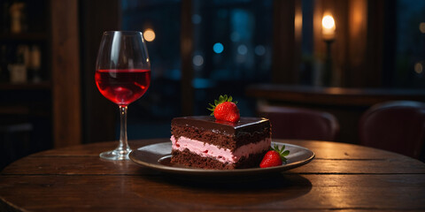 Fototapeta premium Decadent Chocolate Cake with Strawberries and Wine.