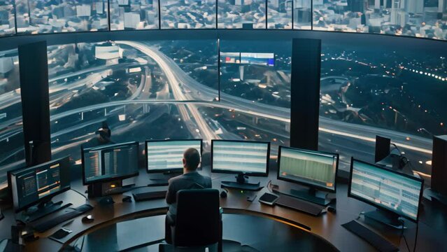 Man Working at Desk by Large Window, A state-of-the-art control center, orchestrating traffic flow, energy usage, and emergency response in a metropolis