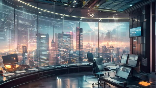 A large room with multiple windows providing ample natural light, A state-of-the-art control center, orchestrating traffic flow, energy usage, and emergency response in a metropolis