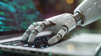 Robotic hand typing on laptop keyboard, advisor chatbot robotic AI concept