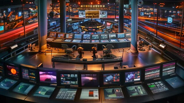 A modern control room housing numerous monitors for overseeing critical operations, A state-of-the-art control center, orchestrating traffic flow, energy usage, and emergency response in a metropolis