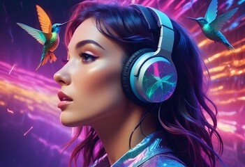 Fototapeta premium Woman face music headphones Hummingbird 