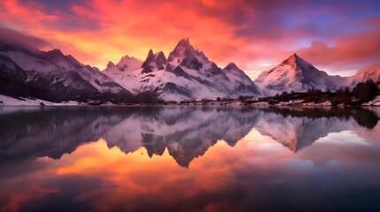 panoramic view of snowy mountain peaks reflected in water at sunset