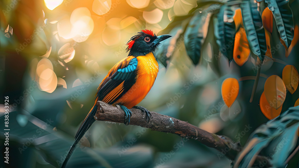 Wall mural colored beautiful bird sitting on the tree in the jungle, colored wild bird, colored wild bird sitting on the branch of tree in jungle