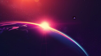 Abstract space background with planet, sun and star dust in the sky. Earth sunset. Dark black purple red blue gradient.