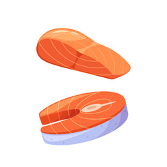 Fresh Salmon Fillet And Steak Isolated On White Background. Cartoon Vector Illustration Depicts Delicious Seafood