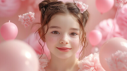 World children day, child childhood, boy and girl happy cute pretty carefree, flowers balloons international, education school kindergarten together play smiling celebrate, creativity enjoy.