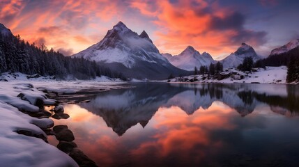 Panoramic view of snow-capped mountains and lake at sunset - Powered by Adobe