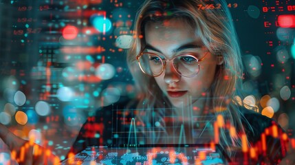 Double exposure of a woman using a tablet to analyze financial trends, overlaid with digital charts and a city skyline, illustrating tech-savvy finance and urban development
