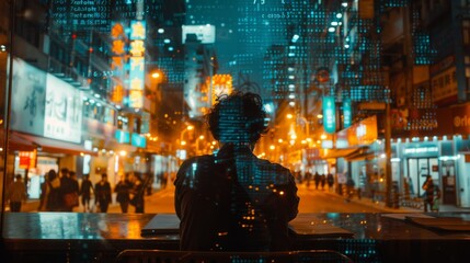 Obraz premium Double exposure of a person analyzing financial reports at a desk, with an overlay of a bustling financial district and stock tickers, showing the dynamic nature of finance and analysis