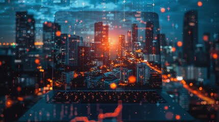 Fototapeta premium Double exposure of a laptop displaying financial software, with an overlay of global financial markets and urban skyscrapers, depicting the interconnectedness of global finance