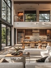 Fototapeta premium Beautiful living room interior in new luxury home with open concept floor plan. Shows kitchen, dining room, and wall of windows with amazing exterior, Generative AI
