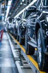 Automated assembly track in a factory with black cars and reflective surface