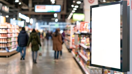 Obraz premium A white sign is in a store with people walking by