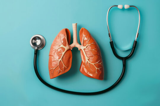 Human lungs model with stethoscope on empty blue background with space for text or inscriptions, top view
 - Powered by Adobe