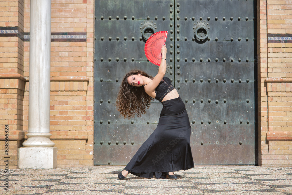 Wall mural young, beautiful, brunette woman with black top and skirt, dancing flamenco with a red fan in front 