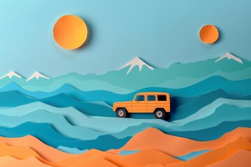 Fototapeta premium Paper cutout of a car, travel theme, road background