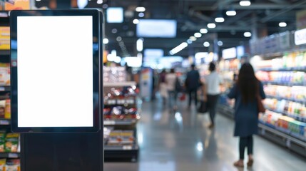 A white sign is in a store with people walking by