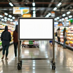 A white sign is in a store with people walking by