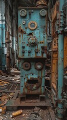 Old, abandoned warehouse interior with rusted machinery and dirt-covered floors. 