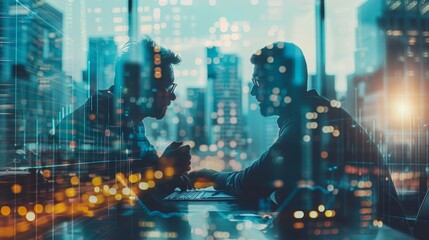 Double exposure of a financial advisor consulting a client, overlaid with images of investment portfolios and cityscapes, representing personalized financial planning and urban growth