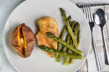 chicken breast  with asparagus and sweet potato