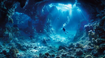 AI generated illustration of a diver swimming in the depths of an underwater canyon
