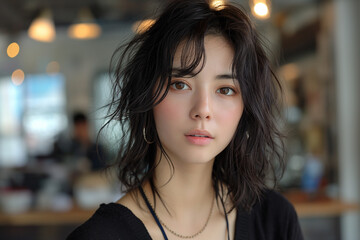 Young Asian Japanese beauty woman curly long hair portrait.
