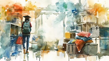 A watercolor painting of a student walking away from a messy room full of boxes and furniture