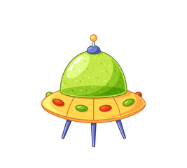 Vibrant Cartoon Flying Ufo Saucer, Featuring Bright Colors And A Playful Design. Alien Space Ship Perfect For Children