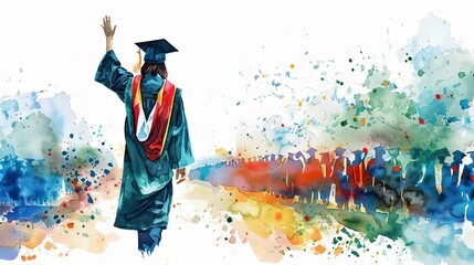 A watercolor painting of a female college graduate in a cap and gown waving goodbye to her cheering classmates.