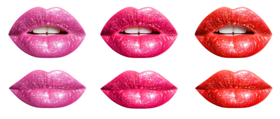 A set of beautiful and shiny lips. Close-up of glossy, shiny lips in different shades of pink, red ,showing off the vibrant colors and textures of the lipstick against a transparent background.