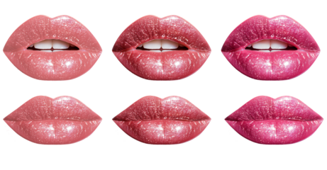 A set of beautiful and shiny lips. Close-up of glossy, shiny lips in different shades of pink, showing off the vibrant colors and textures of the lipstick against a transparent background.
