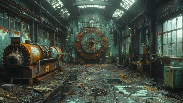 Old, abandoned warehouse interior with rusted machinery and dirt-covered floors. 