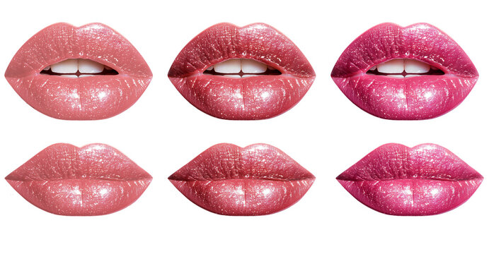 A set of beautiful and shiny lips. Close-up of glossy, shiny lips in different shades of pink, showing off the vibrant colors and textures of the lipstick against a transparent background.