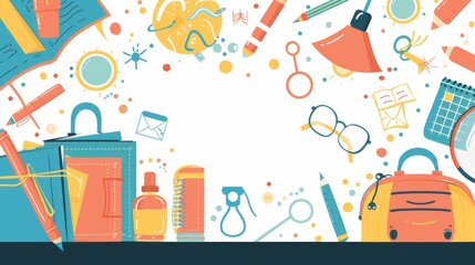 Flat vector illustration of school supplies on a white background, it includes characters holding books & backpacks. Back to school art, teachers, learning, students.