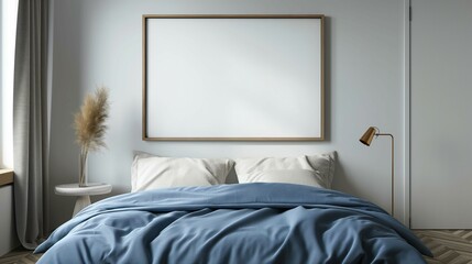 Frame mockup, modern home bedroom interior, wall poster frame