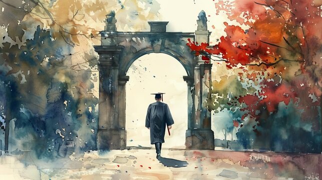 A student walks through a university archway, surrounded by colorful trees