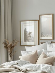 Frame mockup, modern home bedroom interior, wall poster frame