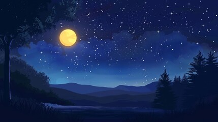 Fototapeta premium Summer night flat design side view starry sky theme animation complementary color scheme