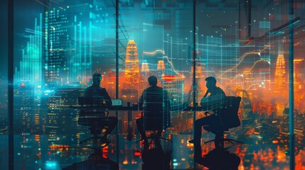 Double exposure of a business team brainstorming with sticky notes, with an overlay of financial graphs and futuristic cityscapes, showcasing innovation and financial strategy