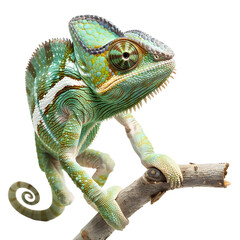 Obraz premium Colorful Chameleon Vivid Scales Reptile Curious Stance Isolated on transparent Background