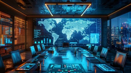 Double exposure of a business meeting room with a large screen displaying financial data, overlaid with images of global markets and urban environments, highlighting strategic financial discussions