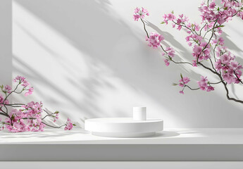 Background pink podium product platform 3D display stage stand luxury. pink background podium abstract studio leaf pedestal scene minimal plant design cosmetic light presentation wall modern tree.