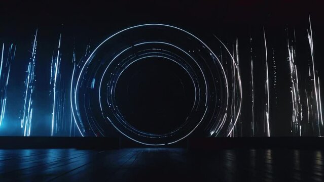 speakers in a circular pattern dark stage. Bass drops, the speakers' vibrate white strobes pulse center, Sound wave equalizer. Loop VJ motion graphics, audio meter spectrum waveform beat seamless loop