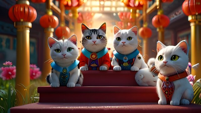 A majestic masterpiece, rendered in the highest quality 3D style, featuring a furry and adorable orange cat wearing traditional Chinese clothing, surrounded by a group of happy and cute companions.
- Powered by Adobe