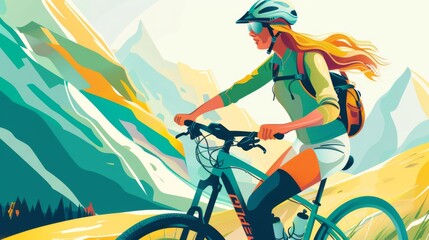 Fototapeta premium illustration of an female cyclist riding a mountain bike. The vector graphic has colorful design elements on a white background with colorful splashes.