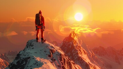Fototapeta premium Mountain climber standing on top of mountain peak in front of sunset sun